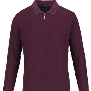 Guide London Plum Purple Tonal Check Pattern Texture Front Zip Long Sleeve Polo